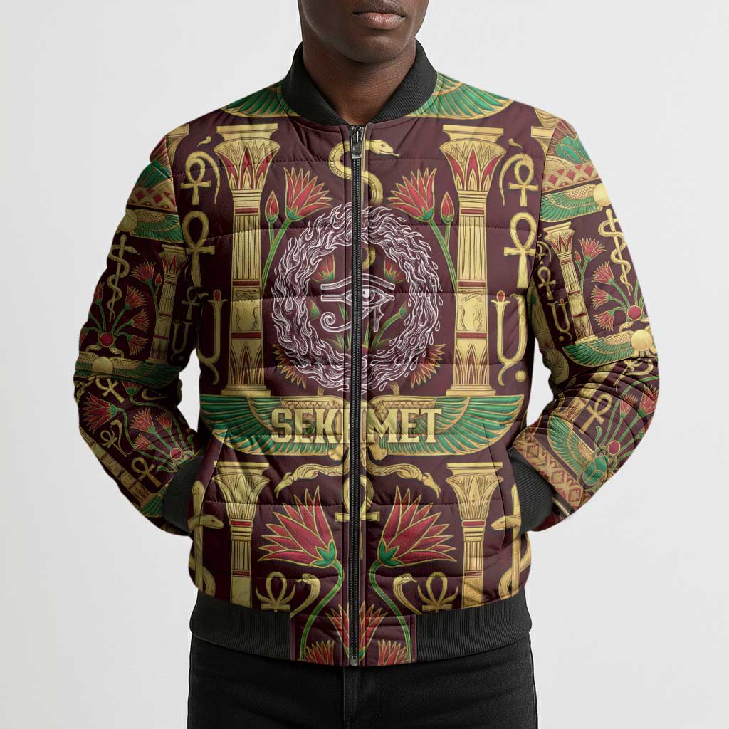 Sekhmet Bomber Puffer Jacket with Eye of Ra and Sacred Lion Symbol in Egyptian Healer