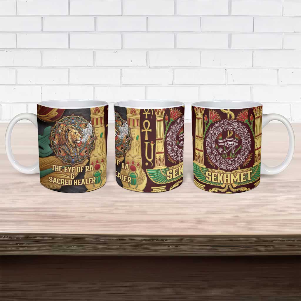 Sekhmet Ceramic Mug with Eye of Ra and Sacred Lion Symbol in Egyptian Healer