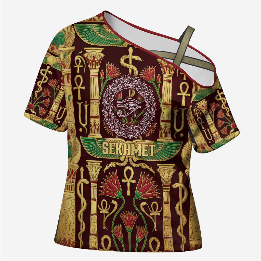 Sekhmet Cross Shoulder Shirt with Eye of Ra and Sacred Lion Symbol in Egyptian Healer
