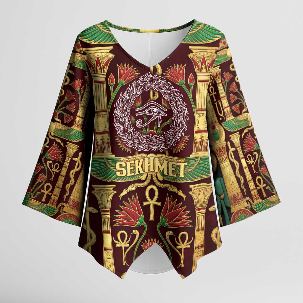 Sekhmet Kimono Sleeve Blouse with Eye of Ra and Sacred Lion Symbol in Egyptian Healer