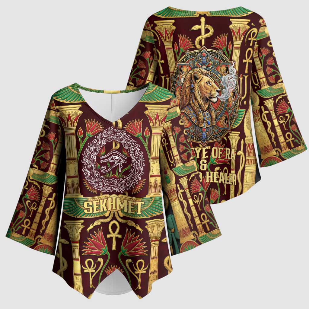 Sekhmet Kimono Sleeve Blouse with Eye of Ra and Sacred Lion Symbol in Egyptian Healer