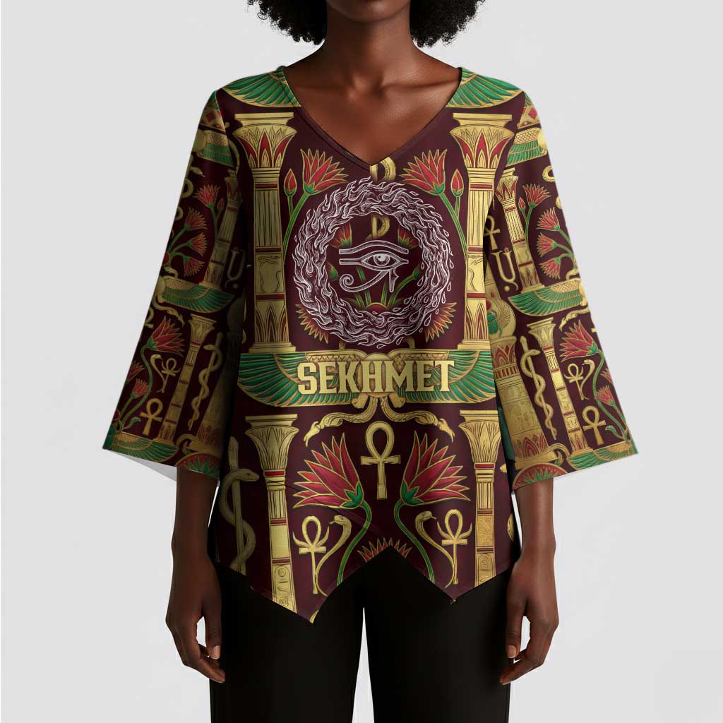 Sekhmet Kimono Sleeve Blouse with Eye of Ra and Sacred Lion Symbol in Egyptian Healer