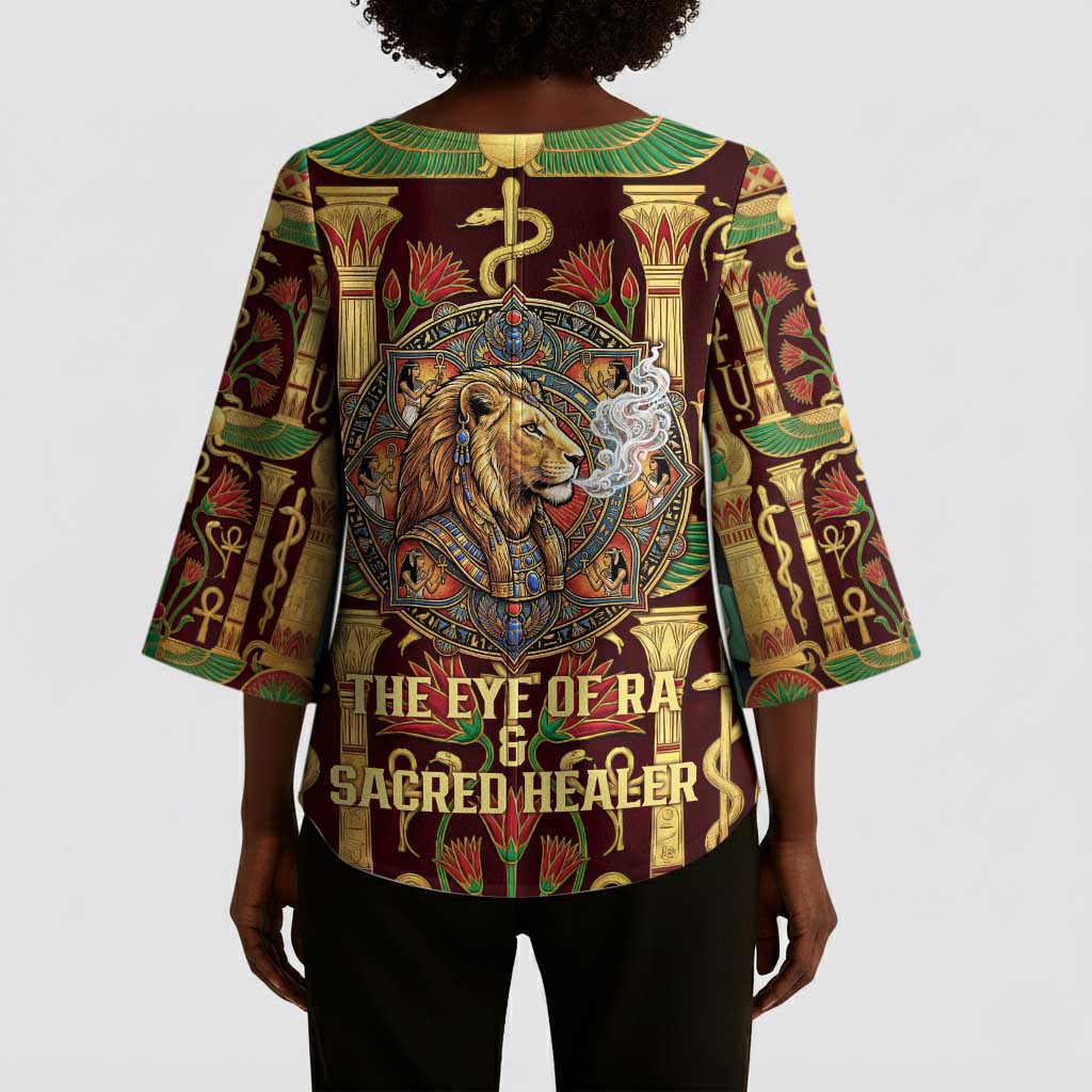Sekhmet Kimono Sleeve Blouse with Eye of Ra and Sacred Lion Symbol in Egyptian Healer
