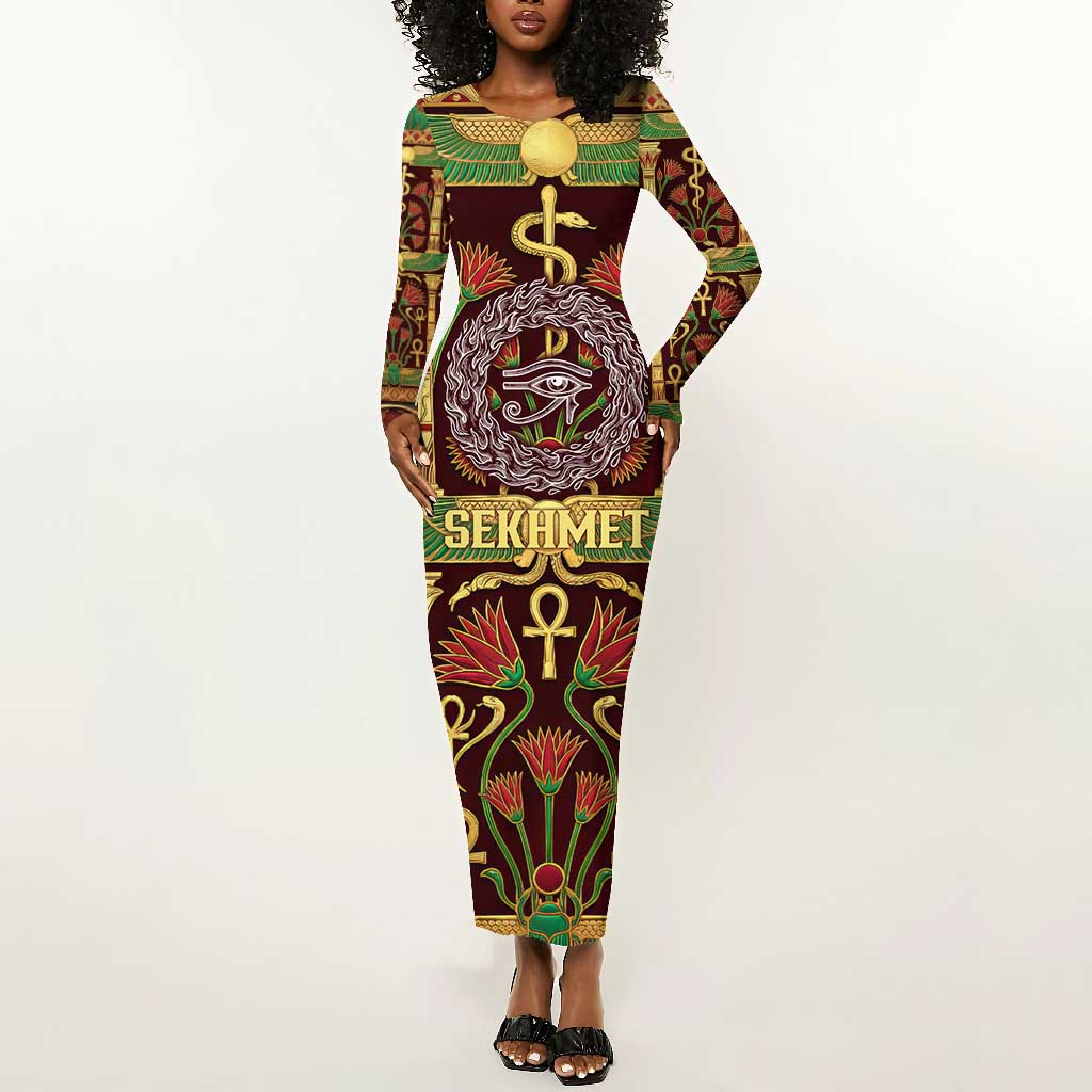 Sekhmet Long Sleeve Bodycon Dress with Eye of Ra and Sacred Lion Symbol in Egyptian Healer