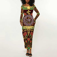 Sekhmet Long Sleeve Bodycon Dress with Eye of Ra and Sacred Lion Symbol in Egyptian Healer