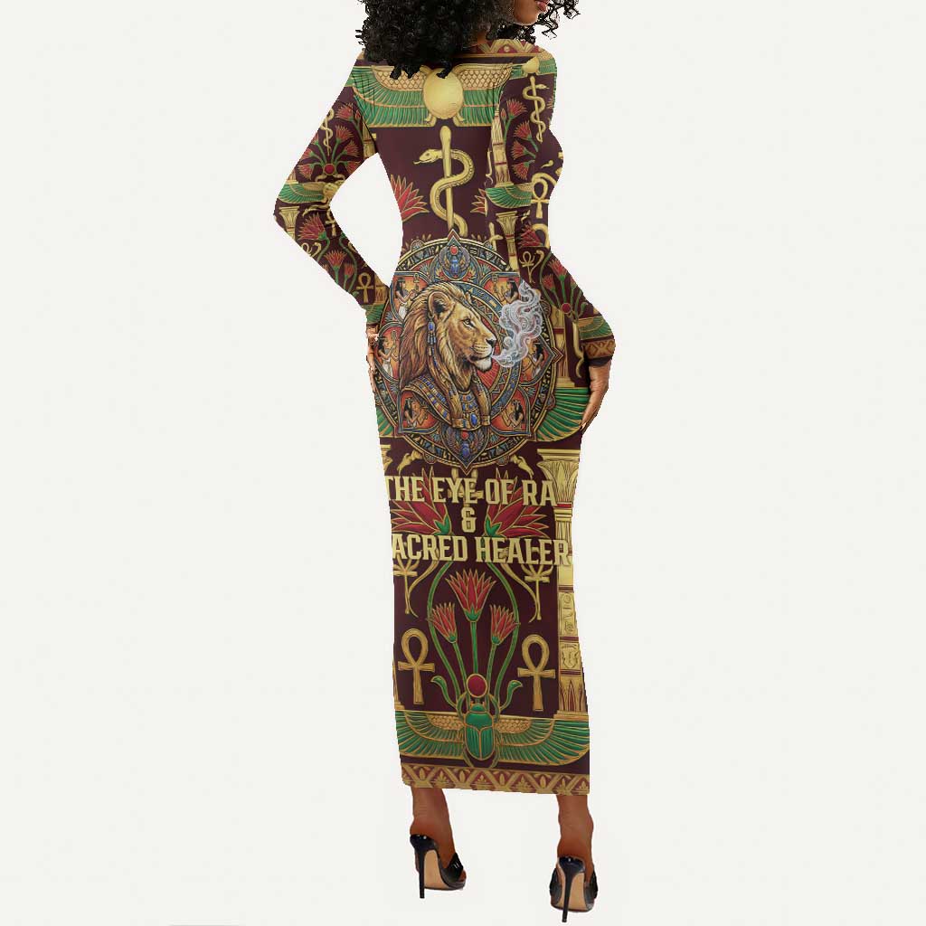 Sekhmet Long Sleeve Bodycon Dress with Eye of Ra and Sacred Lion Symbol in Egyptian Healer
