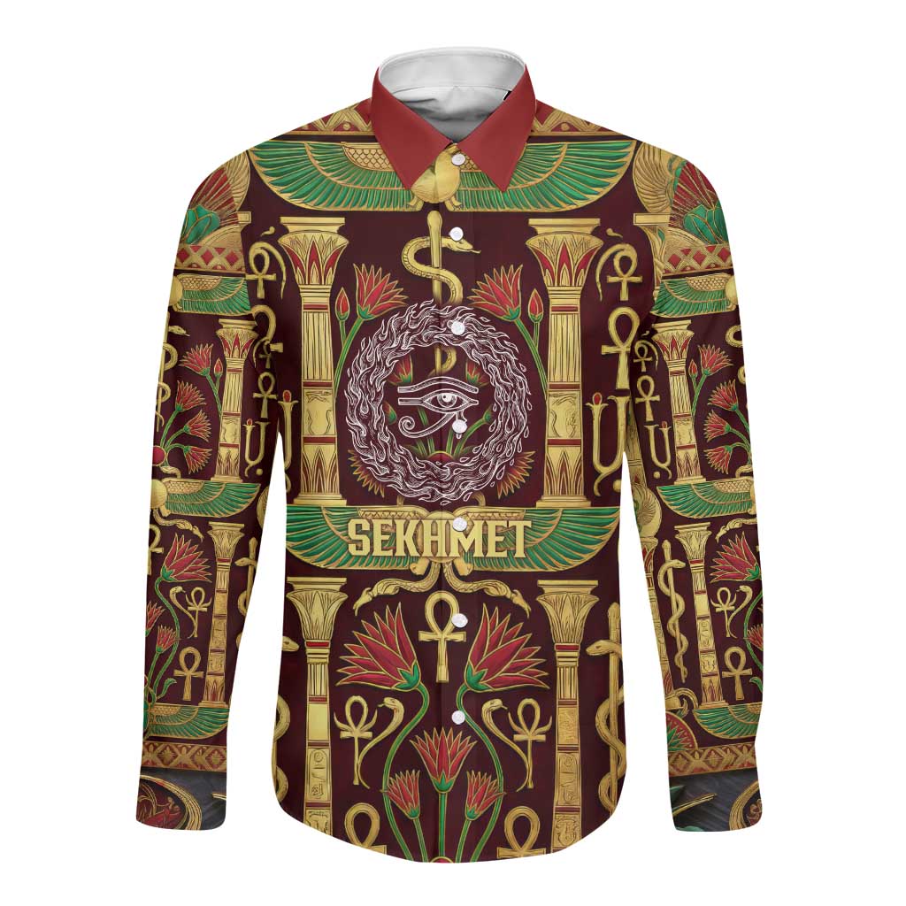 Sekhmet Long Sleeve Button Shirt with Eye of Ra and Sacred Lion Symbol in Egyptian Healer