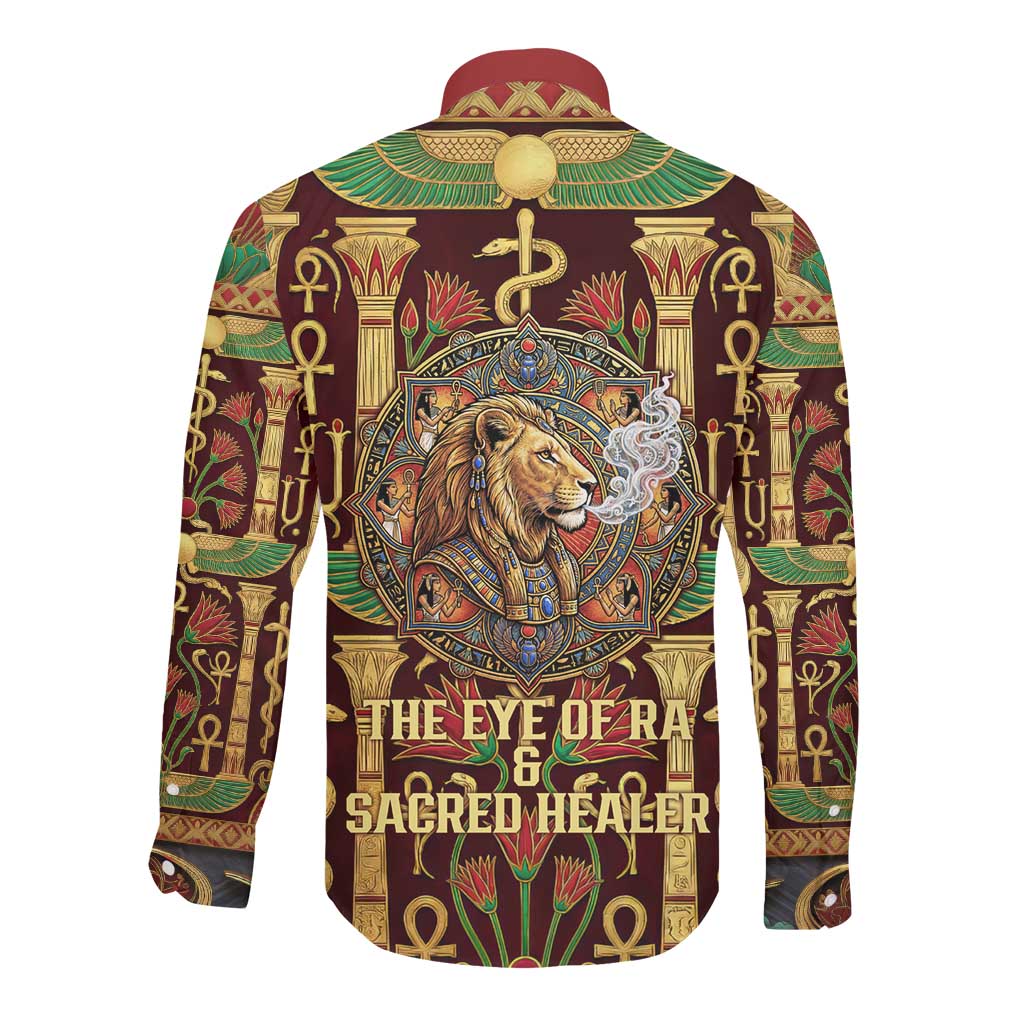 Sekhmet Long Sleeve Button Shirt with Eye of Ra and Sacred Lion Symbol in Egyptian Healer