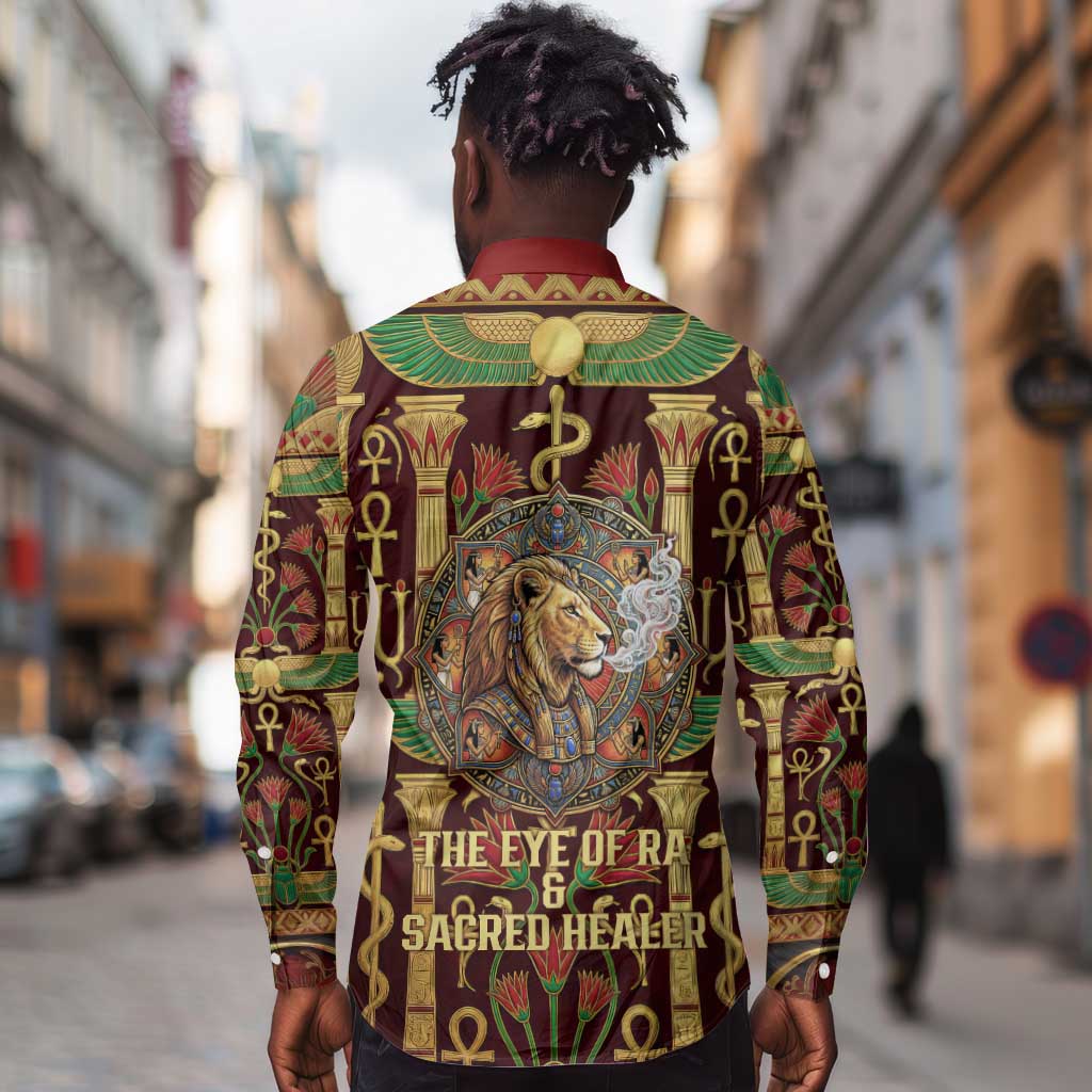 Sekhmet Long Sleeve Button Shirt with Eye of Ra and Sacred Lion Symbol in Egyptian Healer
