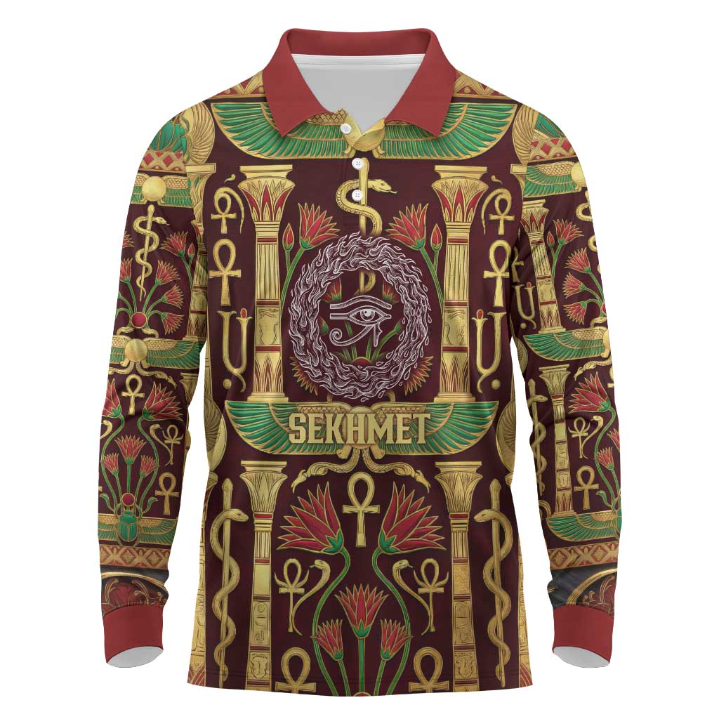 Sekhmet Long Sleeve Polo Shirt with Eye of Ra and Sacred Lion Symbol in Egyptian Healer
