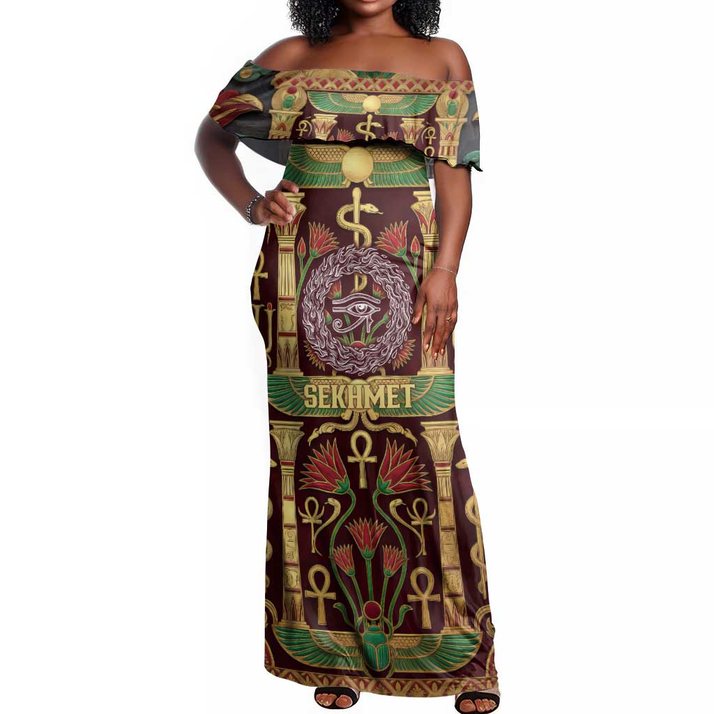 Sekhmet Off Shoulder Maxi Dress with Eye of Ra and Sacred Lion Symbol in Egyptian Healer