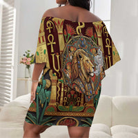 Sekhmet Off Shoulder Short Dress with Eye of Ra and Sacred Lion Symbol in Egyptian Healer