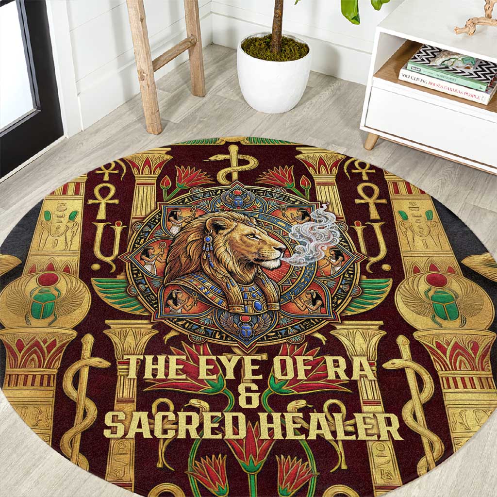 Sekhmet Round Carpet with Eye of Ra and Sacred Lion Symbol in Egyptian Healer