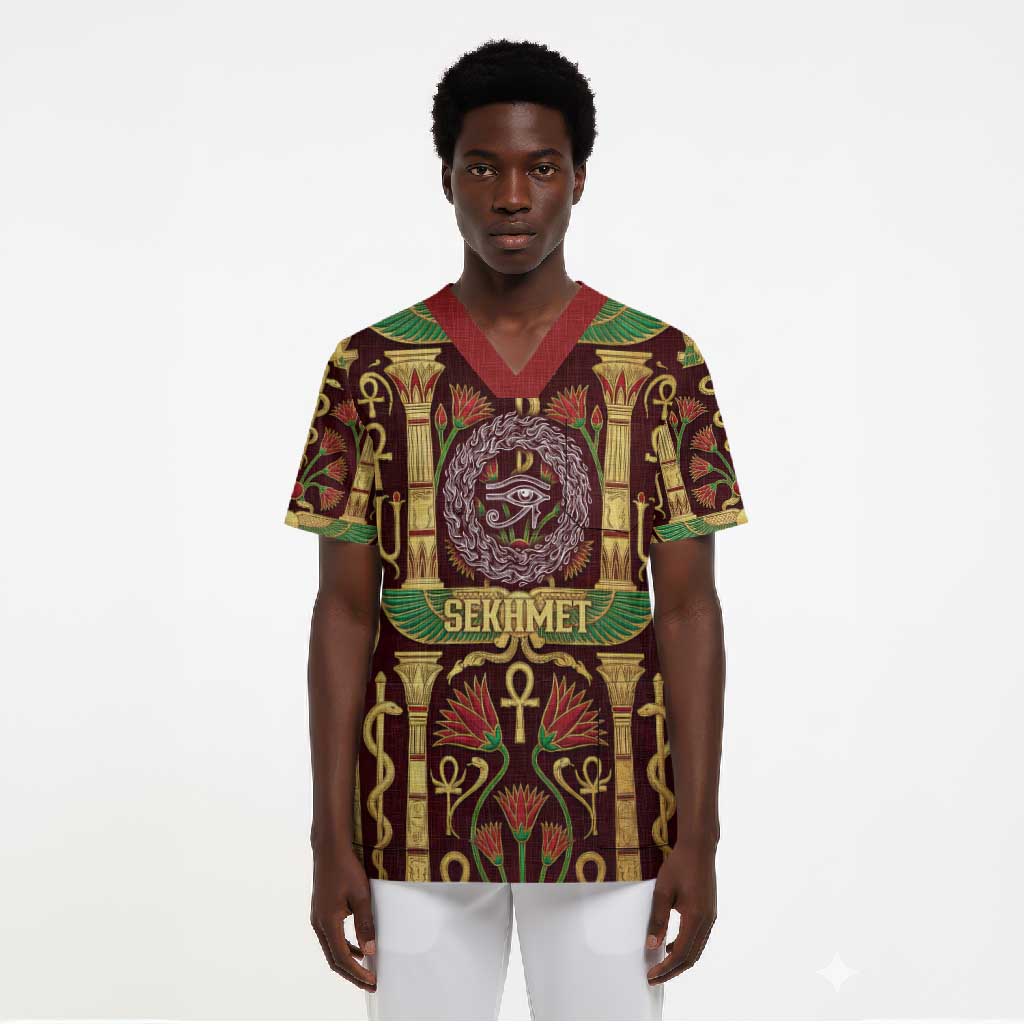 Sekhmet Scrub Top with Eye of Ra and Sacred Lion Symbol in Egyptian Healer