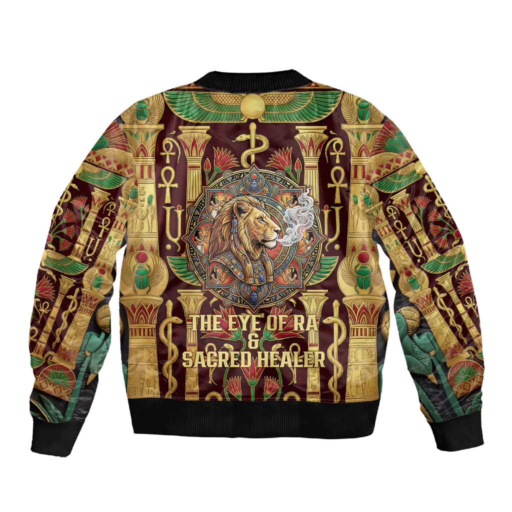 Sekhmet Sleeve Zip Bomber Jacket with Eye of Ra and Sacred Lion Symbol in Egyptian Healer