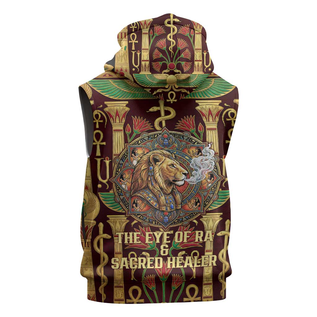 Sekhmet Sleeveless Hoodie with Eye of Ra and Sacred Lion Symbol in Egyptian Healer