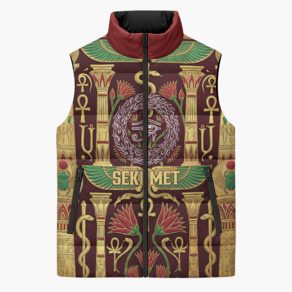 Sekhmet Sleeveless Puffer Jacket with Eye of Ra and Sacred Lion Symbol in Egyptian Healer