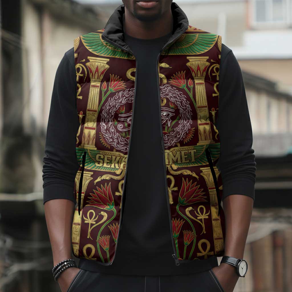 Sekhmet Sleeveless Puffer Jacket with Eye of Ra and Sacred Lion Symbol in Egyptian Healer