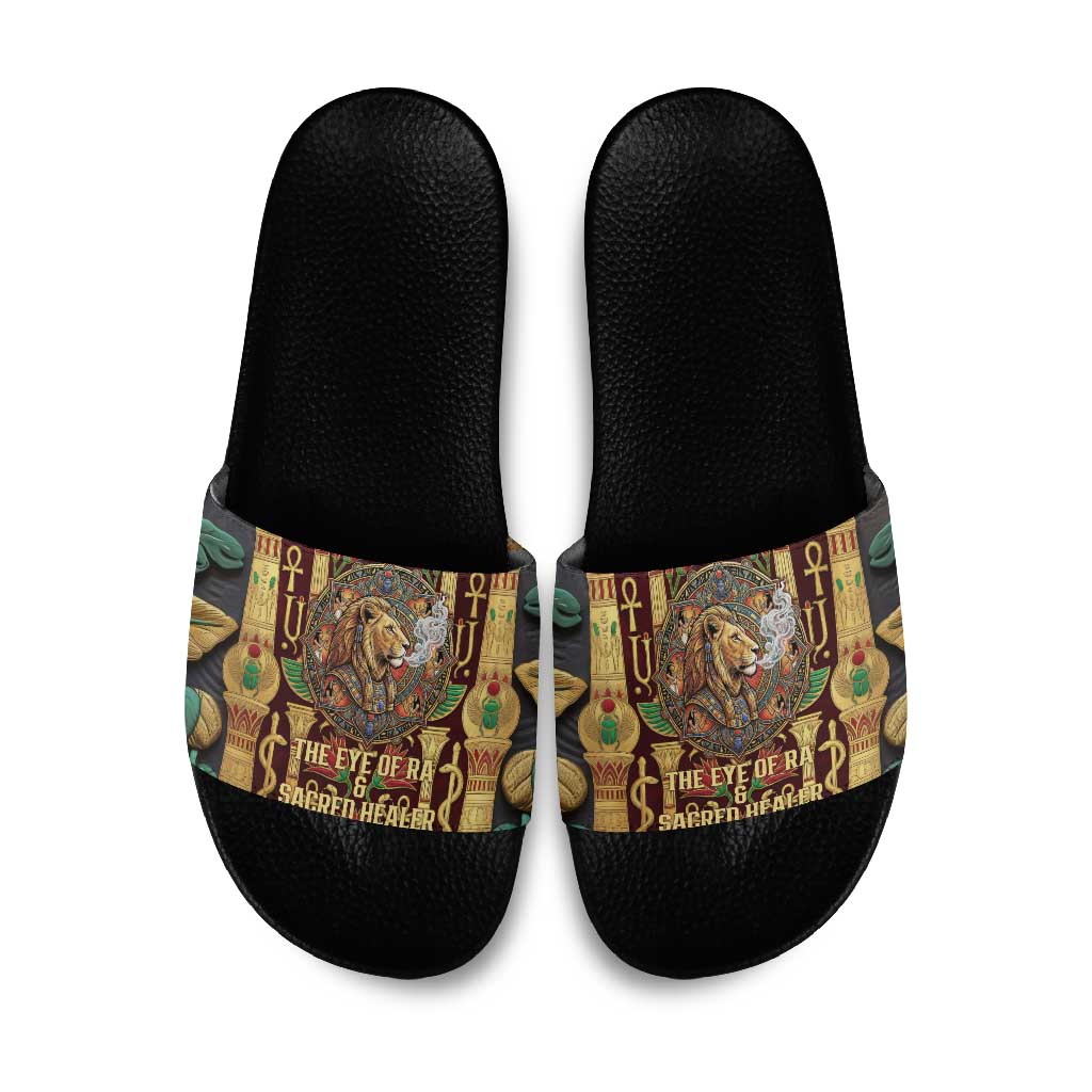 Sekhmet Slide Sandals with Eye of Ra and Sacred Lion Symbol in Egyptian Healer