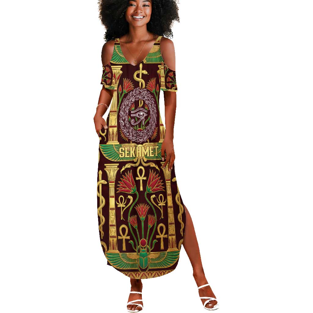 Sekhmet Summer Maxi Dress with Eye of Ra and Sacred Lion Symbol in Egyptian Healer