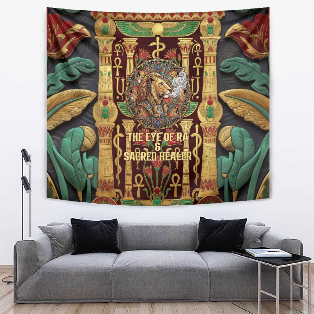 Sekhmet Tapestry with Eye of Ra and Sacred Lion Symbol in Egyptian Healer