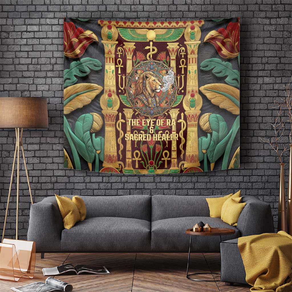 Sekhmet Tapestry with Eye of Ra and Sacred Lion Symbol in Egyptian Healer