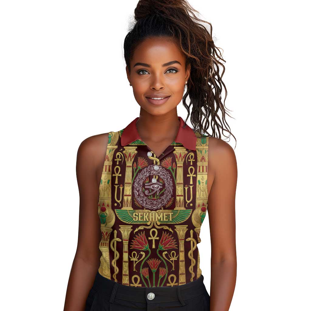 Sekhmet Women Sleeveless Polo Shirt with Eye of Ra and Sacred Lion Symbol in Egyptian Healer