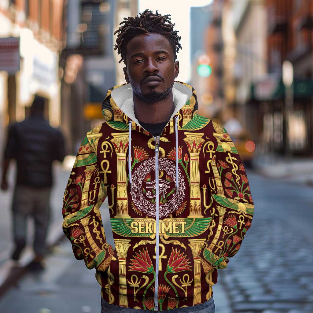 Sekhmet Zip Hoodie with Eye of Ra and Sacred Lion Symbol in Egyptian Healer