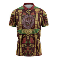 Sekhmet Zipper Polo Shirt with Eye of Ra and Sacred Lion Symbol in Egyptian Healer