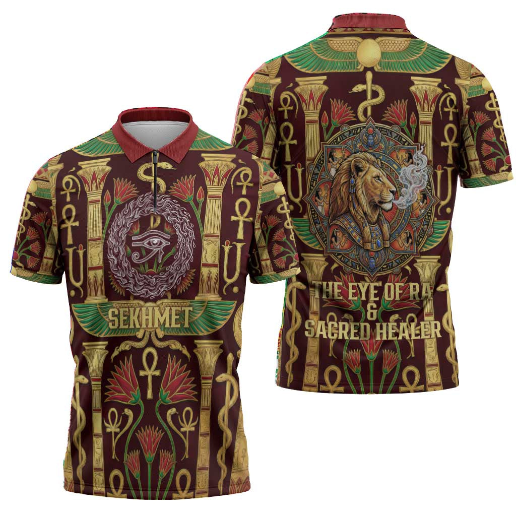Sekhmet Zipper Polo Shirt with Eye of Ra and Sacred Lion Symbol in Egyptian Healer