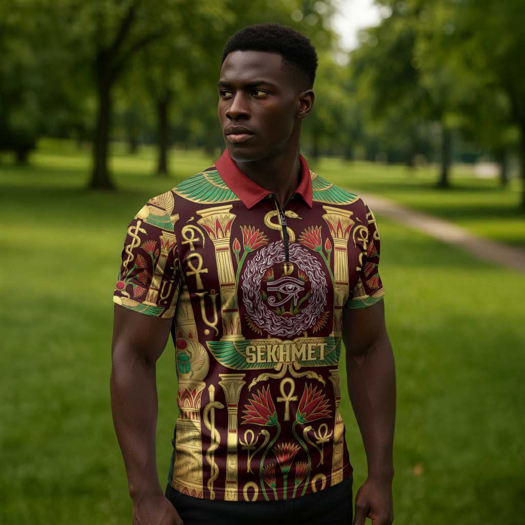 Sekhmet Zipper Polo Shirt with Eye of Ra and Sacred Lion Symbol in Egyptian Healer