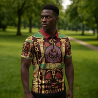Sekhmet Zipper Polo Shirt with Eye of Ra and Sacred Lion Symbol in Egyptian Healer
