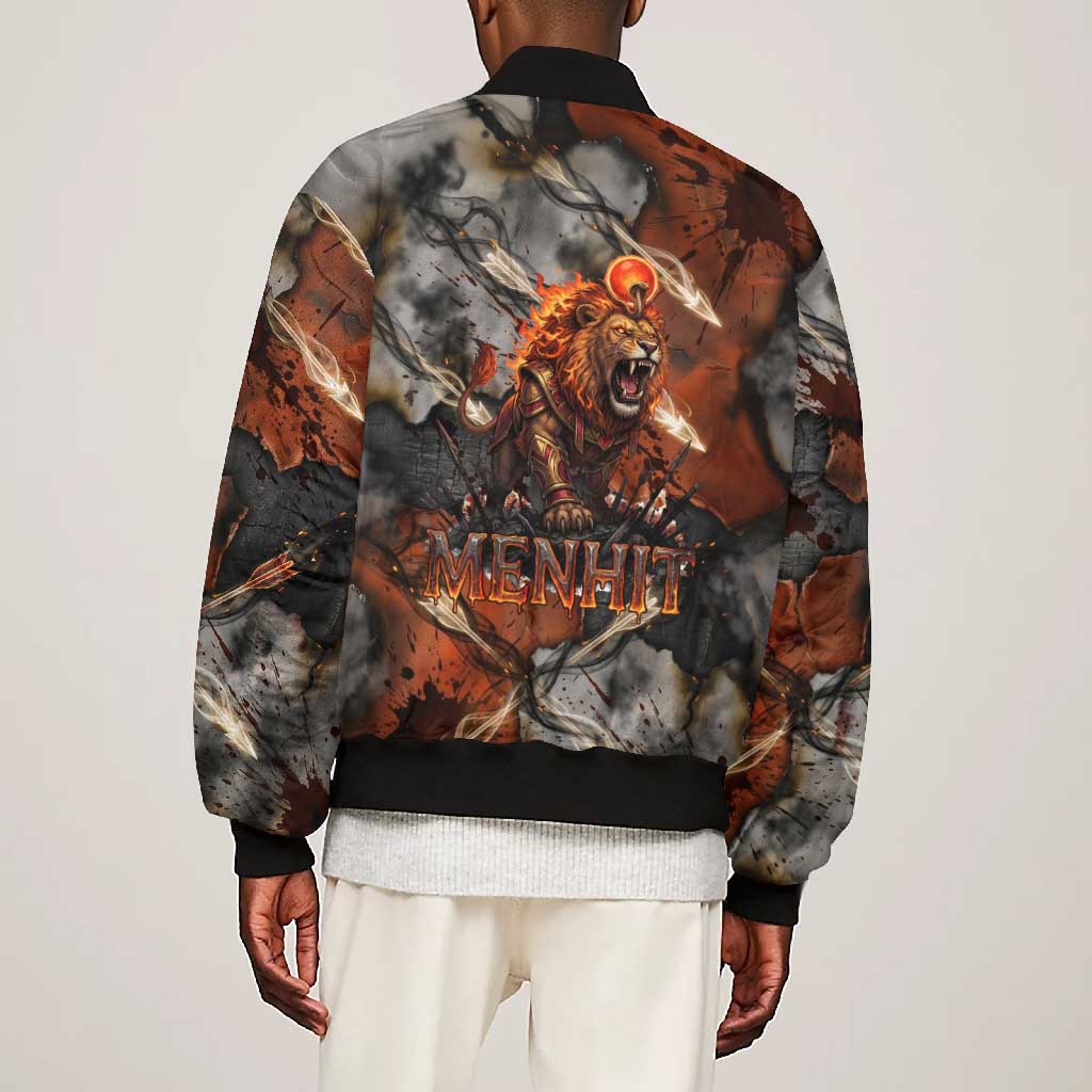 Menhit Egyptian Bomber Jacket Warrior Goddess Fiery Lion Eye Arrows and Blood Battle