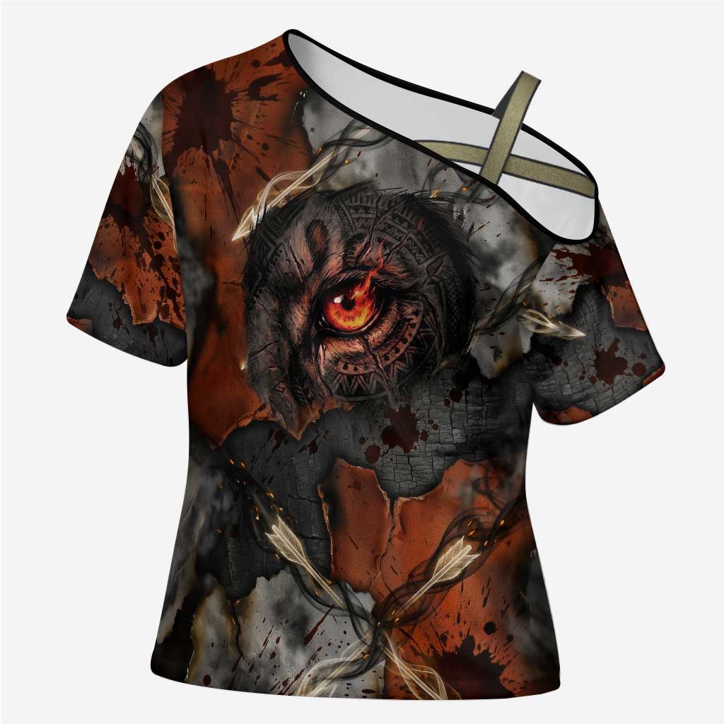 Menhit Egyptian Cross Shoulder Shirt Warrior Goddess Fiery Lion Eye Arrows and Blood Battle