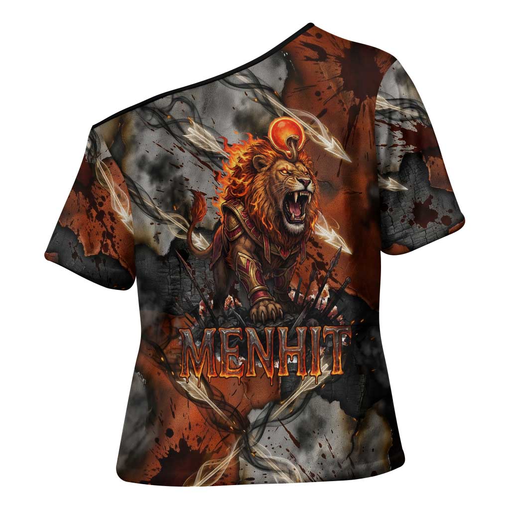 Menhit Egyptian Cross Shoulder Shirt Warrior Goddess Fiery Lion Eye Arrows and Blood Battle
