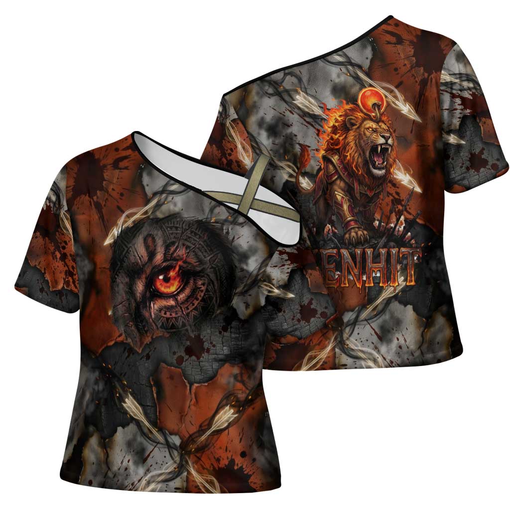 Menhit Egyptian Cross Shoulder Shirt Warrior Goddess Fiery Lion Eye Arrows and Blood Battle