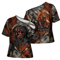 Menhit Egyptian Cross Shoulder Shirt Warrior Goddess Fiery Lion Eye Arrows and Blood Battle