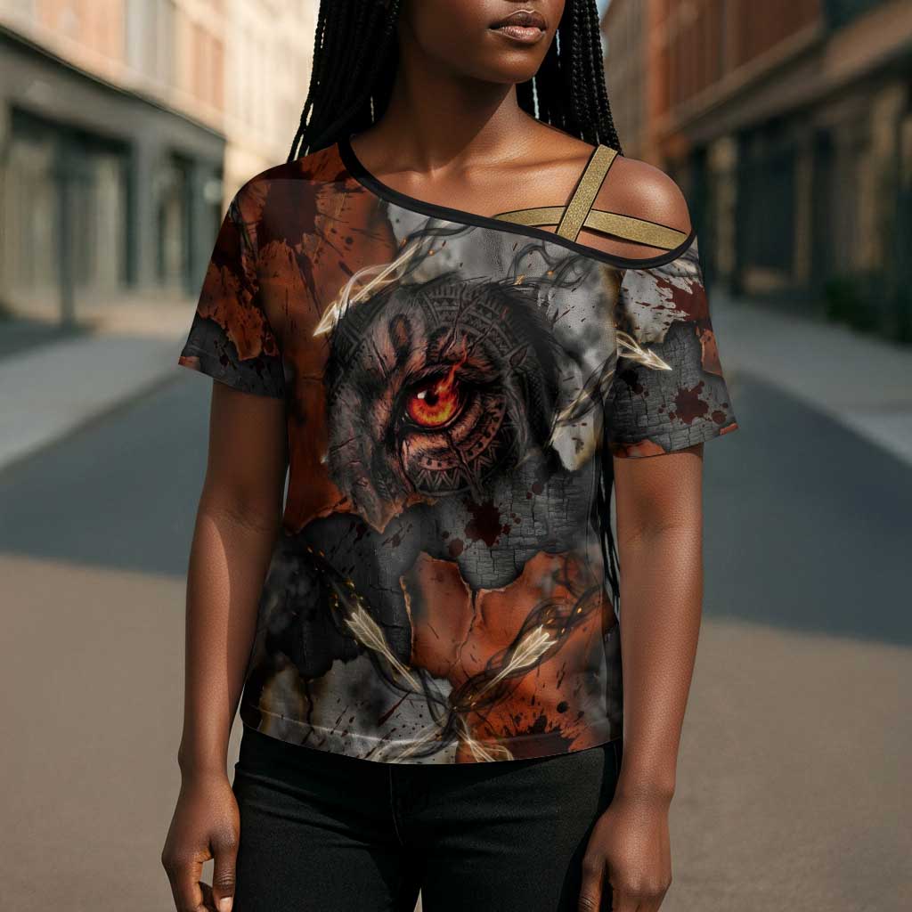 Menhit Egyptian Cross Shoulder Shirt Warrior Goddess Fiery Lion Eye Arrows and Blood Battle