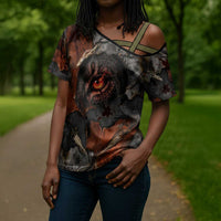Menhit Egyptian Cross Shoulder Shirt Warrior Goddess Fiery Lion Eye Arrows and Blood Battle