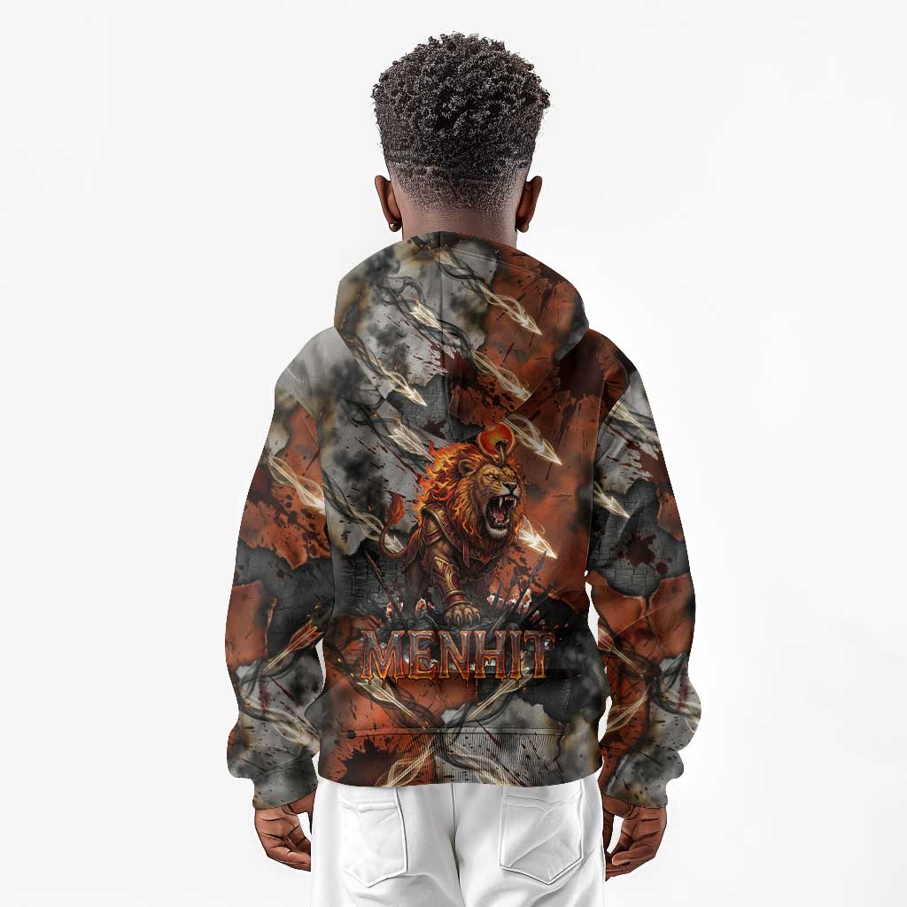 Menhit Egyptian Kid Hoodie Warrior Goddess Fiery Lion Eye Arrows and Blood Battle