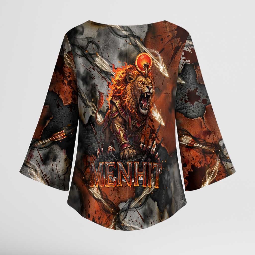 Menhit Egyptian Kimono Sleeve Blouse Warrior Goddess Fiery Lion Eye Arrows and Blood Battle