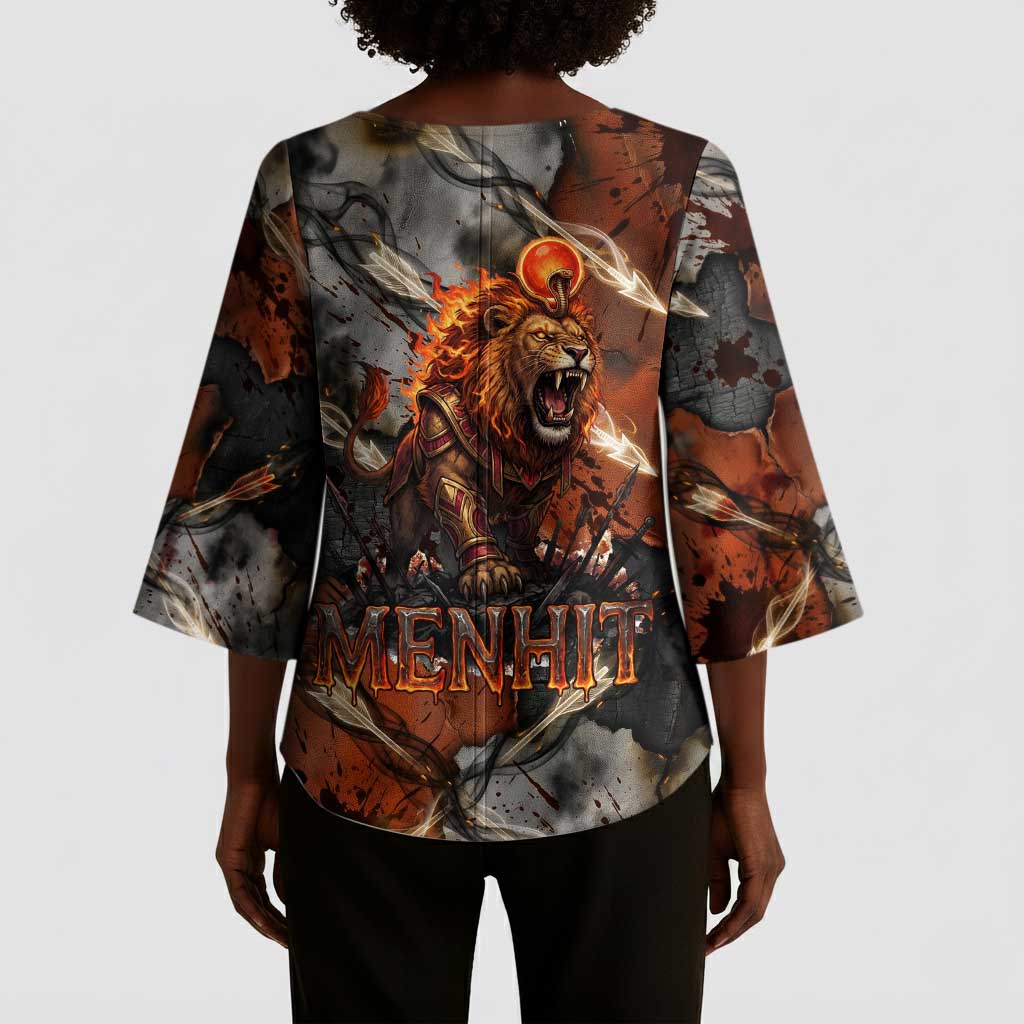 Menhit Egyptian Kimono Sleeve Blouse Warrior Goddess Fiery Lion Eye Arrows and Blood Battle