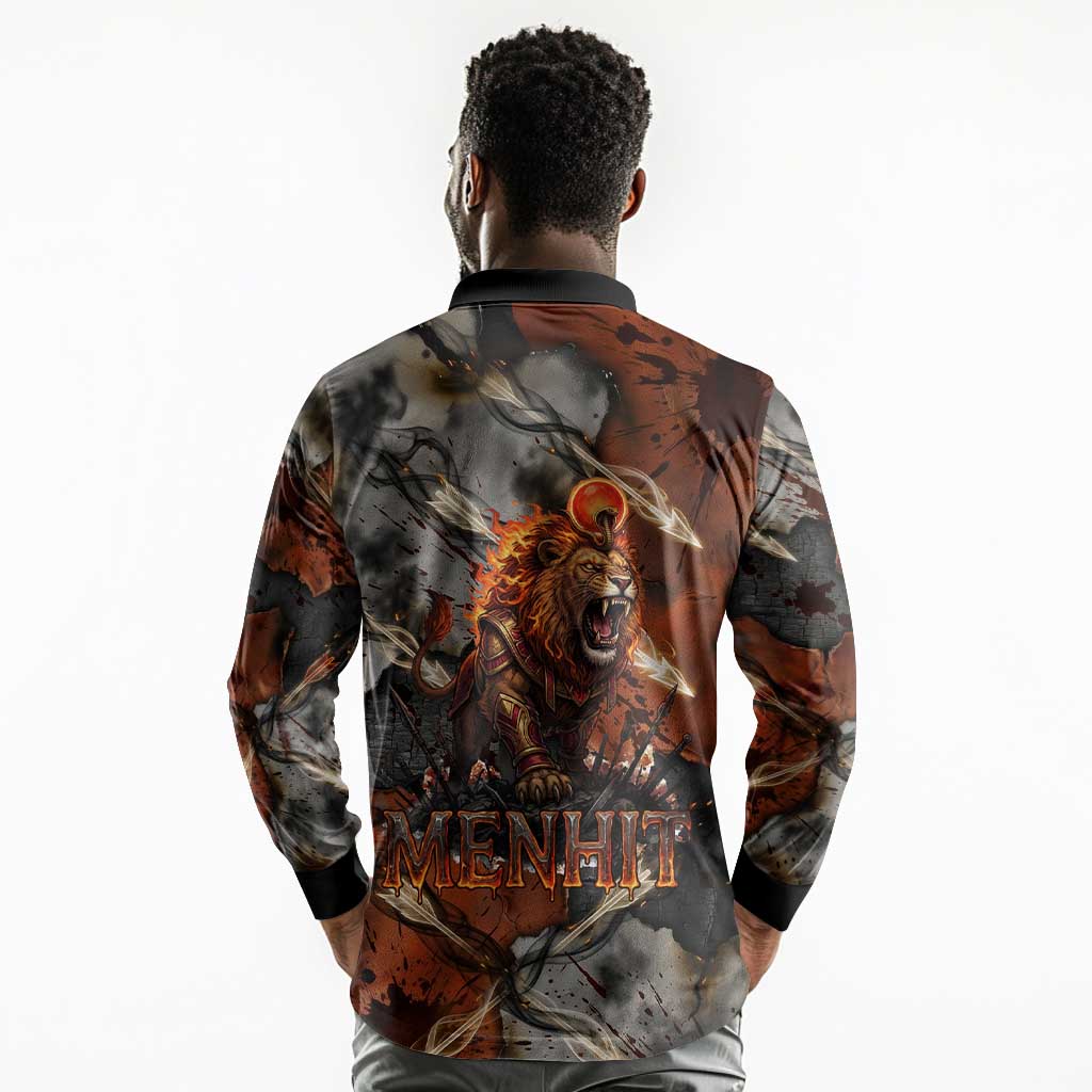 Menhit Egyptian Long Sleeve Polo Shirt Warrior Goddess Fiery Lion Eye Arrows and Blood Battle
