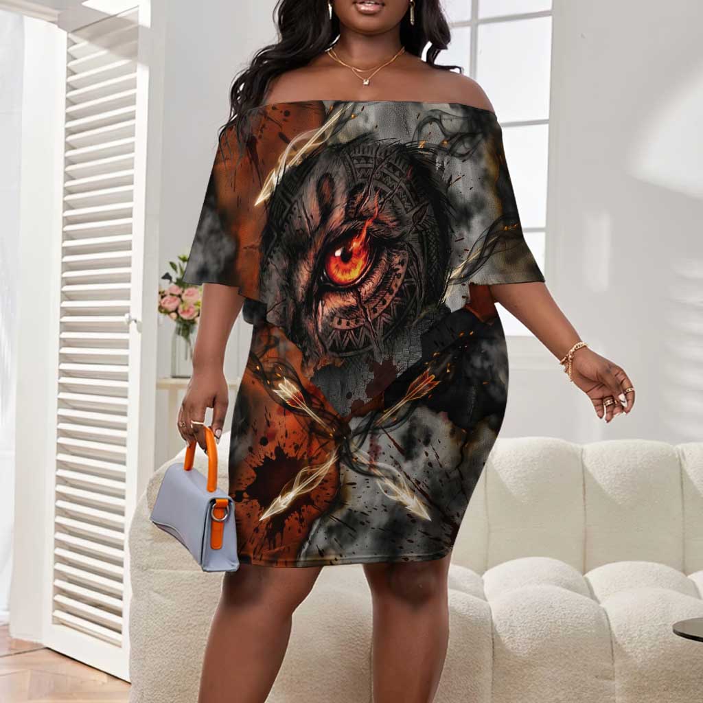 Menhit Egyptian Off Shoulder Short Dress Warrior Goddess Fiery Lion Eye Arrows and Blood Battle