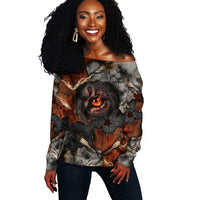 Menhit Egyptian Off Shoulder Sweater Warrior Goddess Fiery Lion Eye Arrows and Blood Battle