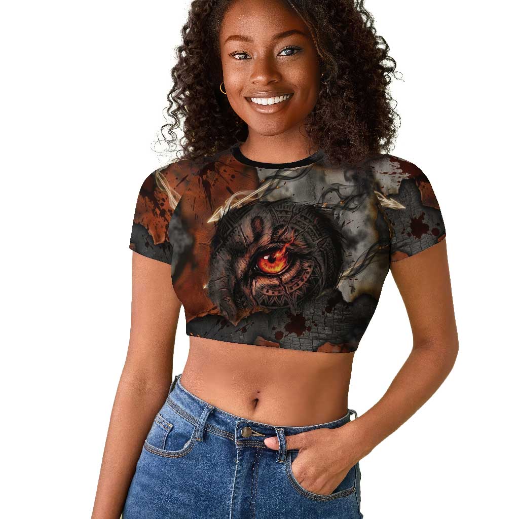 Menhit Egyptian Raglan Cropped T shirt Warrior Goddess Fiery Lion Eye Arrows and Blood Battle