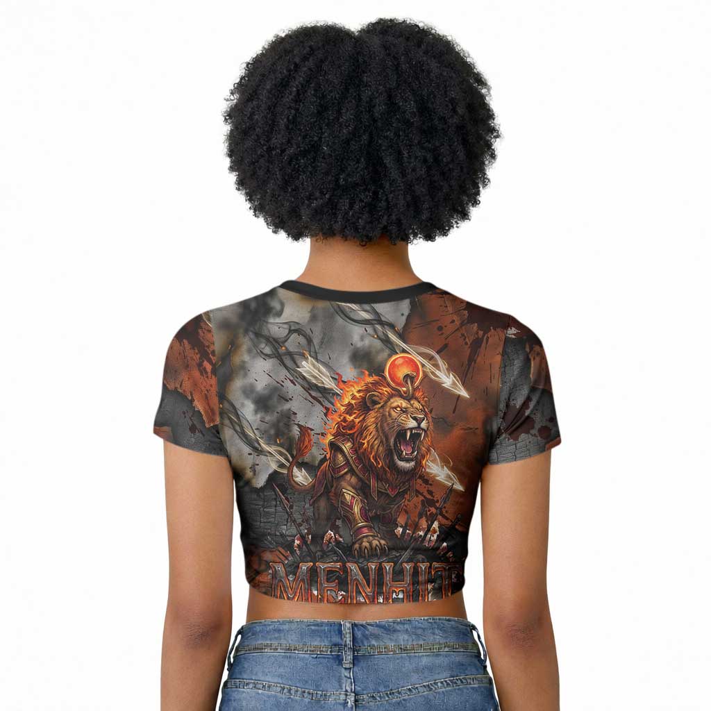 Menhit Egyptian Raglan Cropped T shirt Warrior Goddess Fiery Lion Eye Arrows and Blood Battle