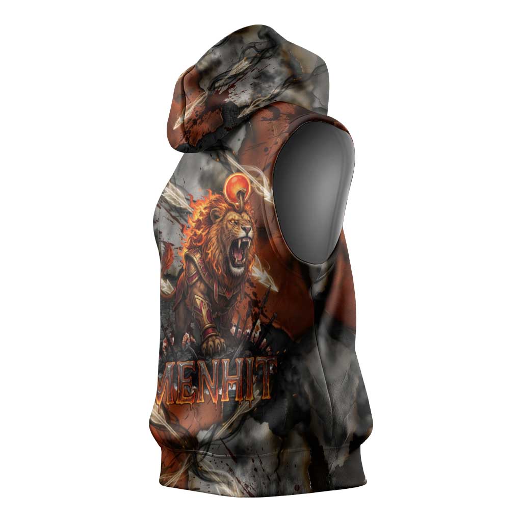 Menhit Egyptian Sleeveless Hoodie Warrior Goddess Fiery Lion Eye Arrows and Blood Battle
