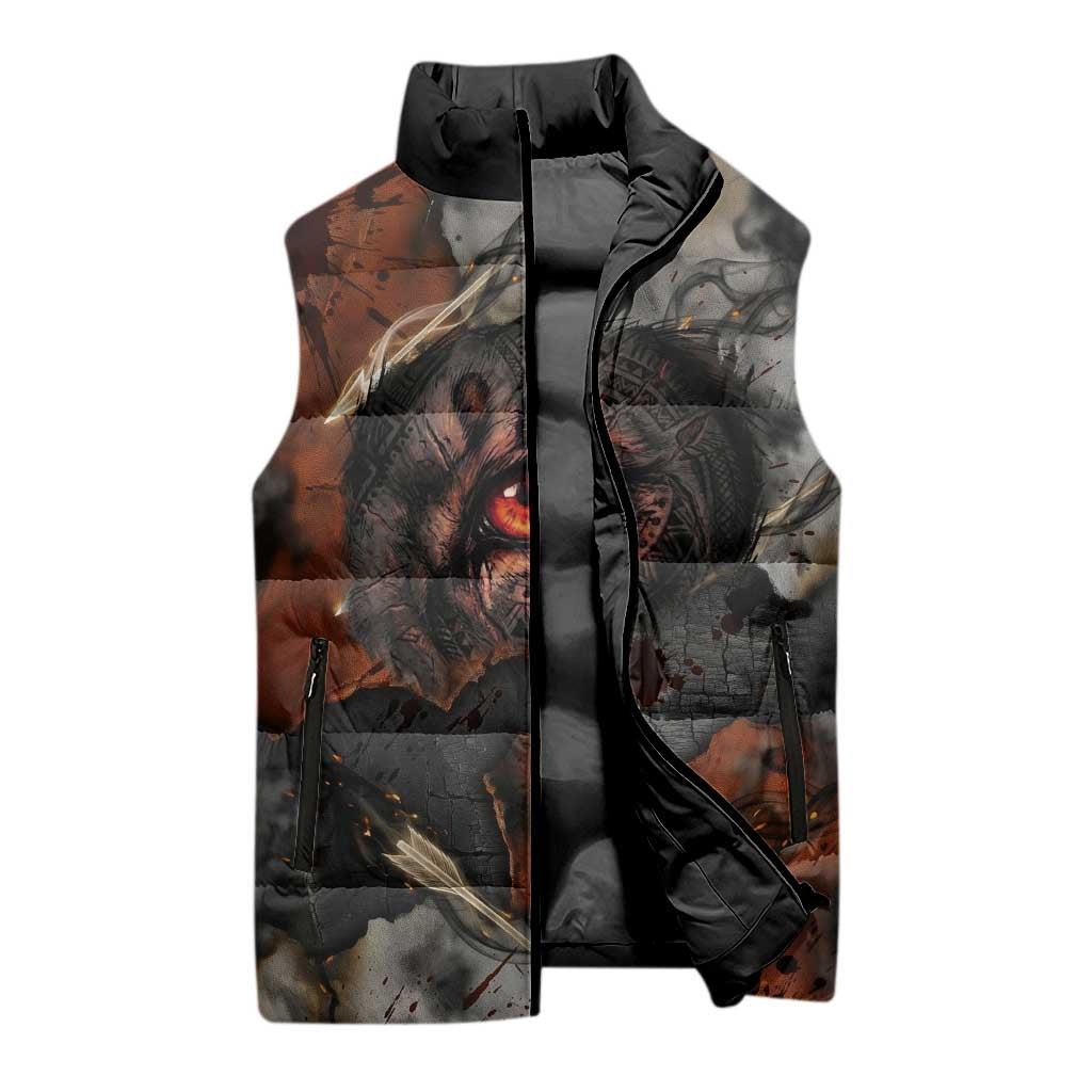 Menhit Egyptian Sleeveless Puffer Jacket Warrior Goddess Fiery Lion Eye Arrows and Blood Battle