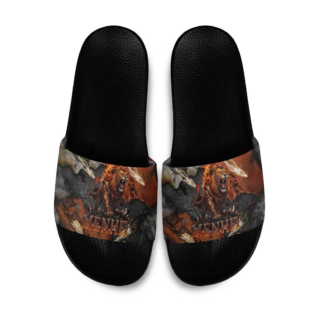 Menhit Egyptian Slide Sandals Warrior Goddess Fiery Lion Eye Arrows and Blood Battle
